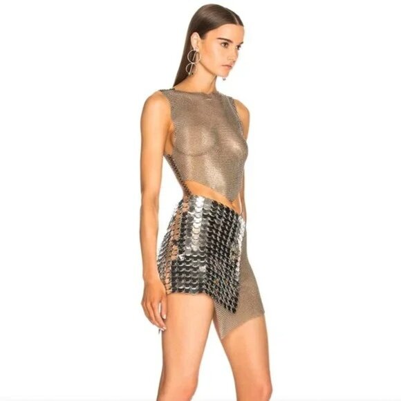 NEW FANNIE SCHIAVONI Bella Mini Dress in Silver Metal Chainmail Small S - Picture 9 of 11